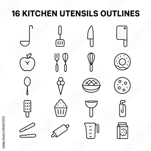 A collection of sixteen black and white line art kitchen utensil outlines are displayed