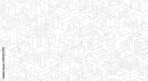 Abstract isometric wireframe city landscape with numerous geometric building outlines on a white background.