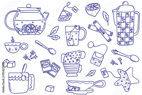 Hand drawn tea set doodle collection with teapot, cups, teabags, lemon, sugar and herbs in simple blue line art style isolated on light background, cozy tea time illustration for menu, packaging