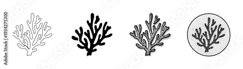 Coral reef plant illustrations in various artistic styles showcasing marine life diversity and ocean ecosystem elements.