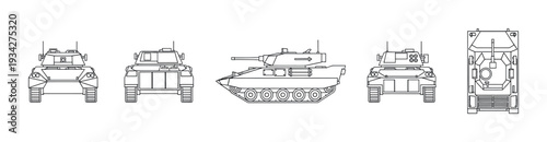 Military tank armored vehicle blueprint technical drawing showcasing various perspectives for engineering and design purposes.