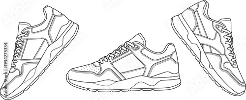 Sneaker outline illustration set, modern athletic shoes, multiple angles footwear sketches, clean line art, flat vector illustration