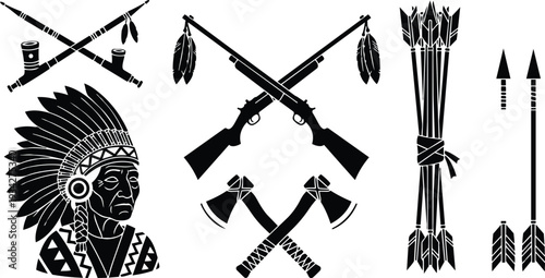 Silhouette vector art close up native chief profile with feather headdress crossed rifles and tomahawks arrows quiver and ceremonial pipes on white background minimalist bold silhouette