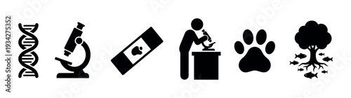 Scientific biological natural animal research concept icons illustrating various aspects of life, environment, and laboratory studies.