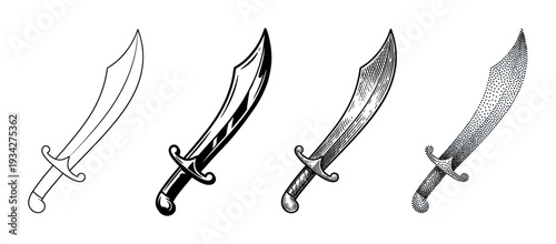 Scimitar sword weapon illustrations are rendered in four distinct black and white styles, perfect for design elements.