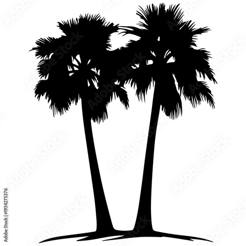 A black silhouette of two palm trees standing together