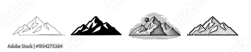 Four different stylized mountain range icons depicting various artistic interpretations of peaks and nature.