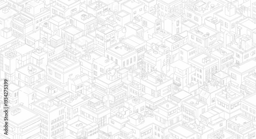 Isometric wireframe drawing of a dense urban city landscape with numerous buildings and streets in a minimalist style.