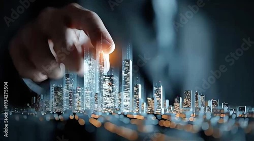 Wallpaper Mural Hand Illuminates Futuristic Cityscape Hologram with LED Light. A hand engaging with a glowing holographic cityscape. highlighting futuristic urban design. Torontodigital.ca