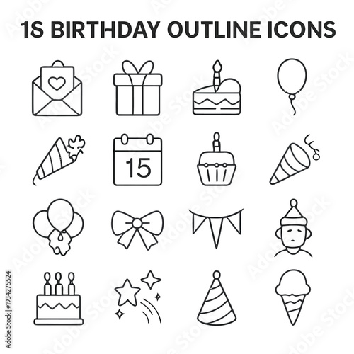 A collection of black outline icons representing elements associated with a first birthday celebration