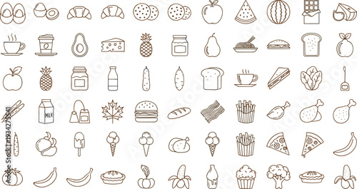 Hand Drawn Food Icon Set Collection with Fruits, Vegetables, Fast Food, Bakery, and Beverage Outline Vector Illustrations for Menu and Packaging Design