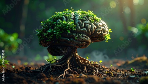 A surrealistic brain-shaped tree with lush green foliage and roots, symbolizing growth, in a serene forest setting from a frontal viewpoint