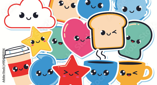 A vibrant collection of cute kawaii-style cartoon stickers featuring various objects like toast, clouds, hearts, stars, and coffee cups with happy faces.