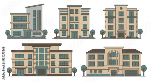 Set of five modern residential and commercial buildings with trees, illustrated in a clean vector style.