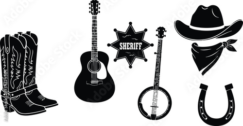 Minimalist vector flat design western icons set close up cowboy boots acoustic guitar banjo sheriff badge brimmed hat bandana horseshoe monochrome silhouette high contrast mockup
