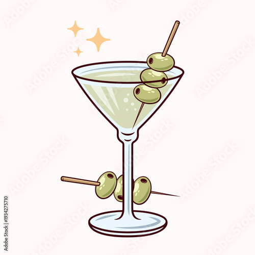 Minimalistic color illustration of a classic vermouth glass with green pitted olives on a wooden cocktail stick. Elegant modern design, perfect for bar menus, cocktail themes, restaurant branding