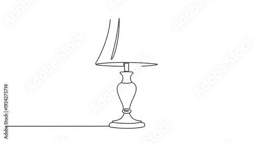 One continuous line draws a table lamp from base to complete fixture. Minimalist design for illustration or tutorial element.