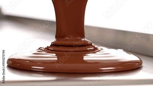 Delicious dark chocolate pouring and spreading on a flat surface, demonstrating dessert preparation and confectionary making