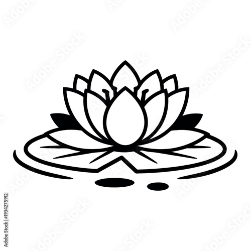 Outline Water Lily Flower with Leaves on Water, Black and White Lotus Plant Line Art Icon