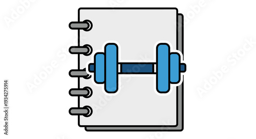 A spiral-bound notebook with a blue dumbbell on its pages, symbolizing fitness tracking and workout planning.