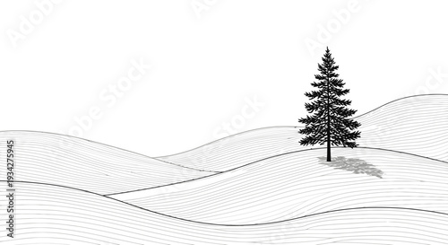 Minimalist black and white illustration of a solitary pine tree standing on rolling snowy hills in a serene winter landscape.