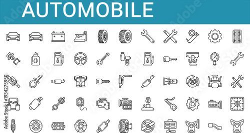 Automobile line icon set, car parts and auto repair tools collection, vehicle service outline vector illustration isolated