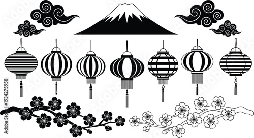 Japanese Culture Vector Silhouette Set Featuring Mount Fuji Traditional Paper Lanterns Cherry Blossom Sakura Branches and Oriental Clouds for Asian Festival Celebration Design