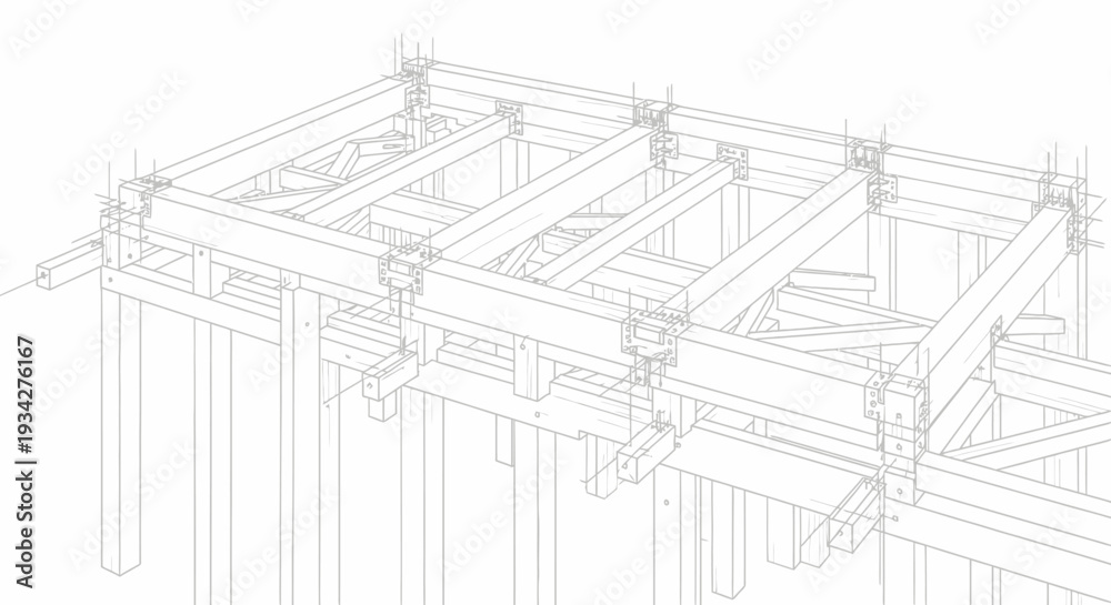 Obraz premium Isometric line drawing of a timber pier or bridge substructure showing beams, columns, and connection details.