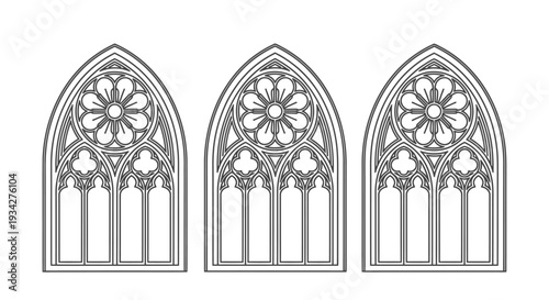 Three ornate gothic arched windows with intricate tracery and rose window designs, architectural elements.