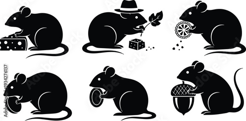 Minimalist vector art six mouse silhouettes holding cheese coin leaf acorn and wheel arranged in two rows close up flat black icons on white background playful