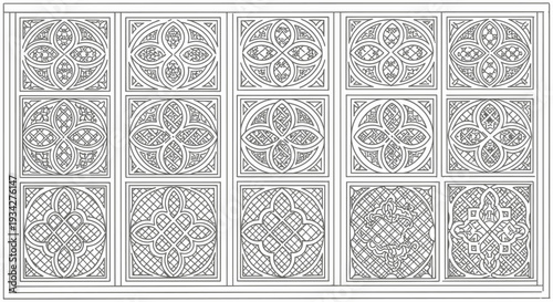 Intricate black and white geometric patterns arranged in a grid, showcasing diverse ornamental designs and decorative motifs.