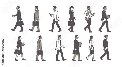 Diverse group of business people walking with briefcases and documents, depicted in a simple, illustrative style.