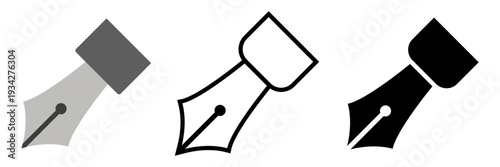 ペン先アイコンセット カラー・アウトライン・シルエットの3タイプ万年筆ニブベクター素材 筆記やデザインを象徴するシンプルアイコン / Fountain pen nib icon set color outline and silhouette writing tool vector