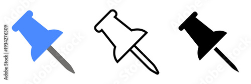 画鋲アイコンセット カラー・アウトライン・シルエットの3タイププッシュピンベクター素材 掲示やメモ固定に使えるシンプルデザイン / Push pin icon set color outline and silhouette thumbtack vector for notice and memo