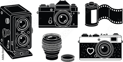 Vintage camera vector set including twin lens reflex camera rangefinder camera interchangeable lens film canister and film strip flat design black and white mockup detailed minimalist