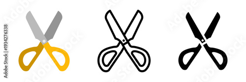 ハサミアイコンセット カラー・アウトライン・シルエットの3タイプ文房具ベクター素材 カットやクラフトを表すシンプルデザイン / Scissors icon set color outline and silhouette cutting tool vector for craft and stationery
