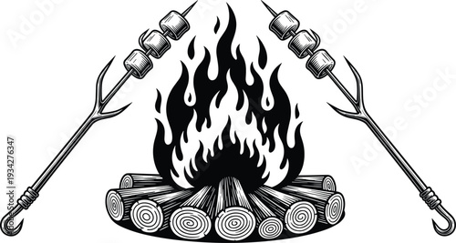 Campfire with Roasting Marshmallows Vintage Vector Illustration, Bonfire Flames and Firewood Logs with Skewers Isolated on White Background Outdoor Camping Design