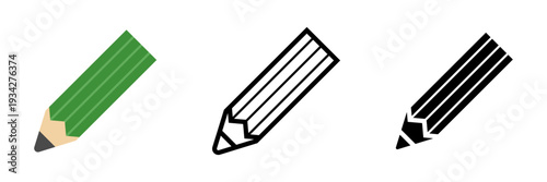 鉛筆アイコンセット カラー・アウトライン・シルエットの3タイプ筆記具ベクター素材 学習やデザインに使えるシンプルアイコン / Pencil icon set color outline and silhouette writing tool vector for education and design