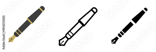 万年筆アイコンセット カラー・アウトライン・シルエットの3タイプ筆記具ベクター素材 ビジネスや文具デザインに使えるシンプルアイコン / Fountain pen icon set color outline and silhouette writing tool vector for business stationery design
