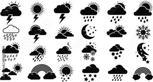 Flat vector weather icon set close up black cloud sun rain thunder lightning moon stars snowflake rainbow simple silhouette icons for apps and print mobile mockup