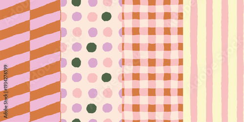 Vector seamless pattern with abstract hand-drawn imperfect rough edges, quirky whimsical doodle style and geometric shapes, bright dopamine decor backgrounds and wallpapers