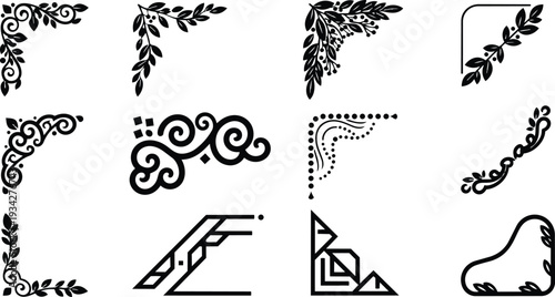 Minimalist vector corner ornament collection with leaf flourish swirls and filigree frames shown in close up top left and bottom right angles flat design black silhouette