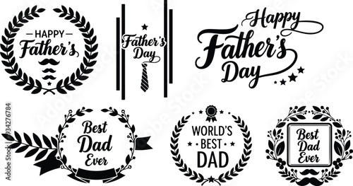 Vintage badge vector set close up six fathers day wreath emblems with mustache tie ribbon laurel frames black silhouette for greeting cards square round ornamental minimalist