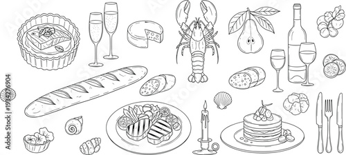 Collection of gourmet food illustrations featuring lobster steak baguette wine champagne cheese tart lobster pear and candle for luxury dining design