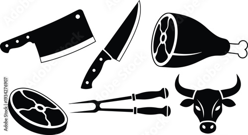 Minimalist vector flat design butcher tools close up cleaver and carving knife with meat ham steak and carving fork beside bull head silhouette on white background