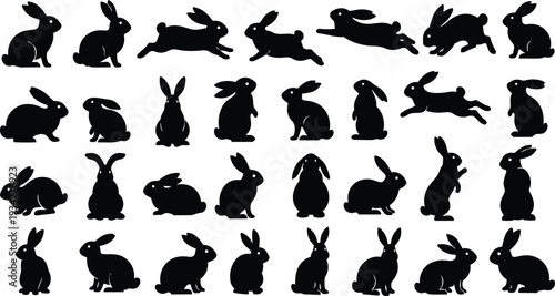 Minimalist black rabbit silhouettes set showing varied poses including side view front view hopping leaping sitting standing resting grouped on white background flat vector icon pattern