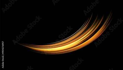 Glowing orange lines. Neon realistic energy speed. Abstract light effect on a black background. Vector illustration.