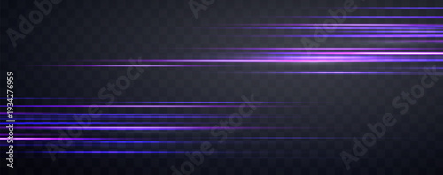 Speed rays, velocity light neon flow, zoom in motion effect, purple glow speed lines, colorful light trails, stripes. Abstract background, vector illustration.