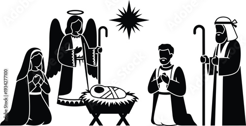 Minimalist black and white nativity scene vector art showing baby jesus in manger with praying mary joseph angel and shepherd silhouette figures under star for christmas