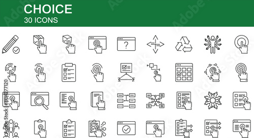 Choice selection line icons set, decision making checklist cursor click vector outline collection isolated on white
